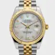 Rolex Datejust watch with mother-of-pearl dial, diamond hour markers, and two-tone bracelet.