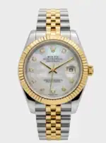 Rolex Datejust watch with mother-of-pearl dial, diamond hour markers, and two-tone bracelet.
