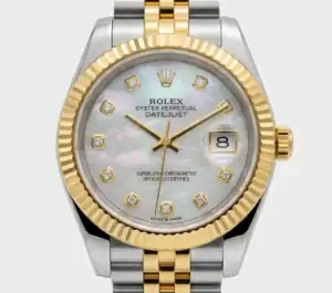Rolex Datejust watch with mother-of-pearl dial, diamond hour markers, and two-tone bracelet.
