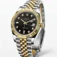 Luxury Rolex Datejust with black dial, diamond hour markers, and two-tone band.
