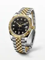 Luxury Rolex Datejust with black dial, diamond hour markers, and two-tone band.