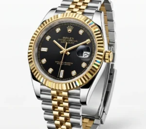 Luxury Rolex Datejust with black dial, diamond hour markers, and two-tone band.