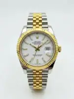 Rolex Datejust watch with white dial and two-tone band, close-up view.