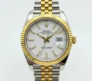 Rolex Datejust watch with white dial and two-tone band, close-up view.