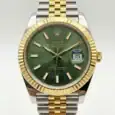 Rolex Datejust watch with green dial, gold bezel, and two-tone bracelet.
