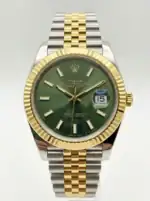 Rolex Datejust watch with green dial, gold bezel, and two-tone bracelet.
