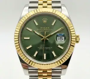 Rolex Datejust watch with green dial, gold bezel, and two-tone bracelet.