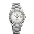 Rolex Day-Date watch with white dial and steel bracelet, date and day display.