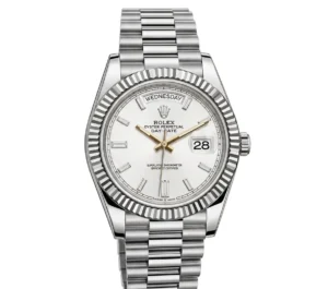 Rolex Day-Date watch with white dial and steel bracelet, date and day display.