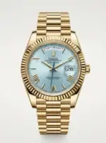 Luxury gold Rolex Day-Date watch with ice blue dial and day-date display.