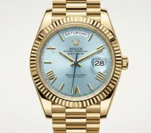 Luxury gold Rolex Day-Date watch with ice blue dial and day-date display.