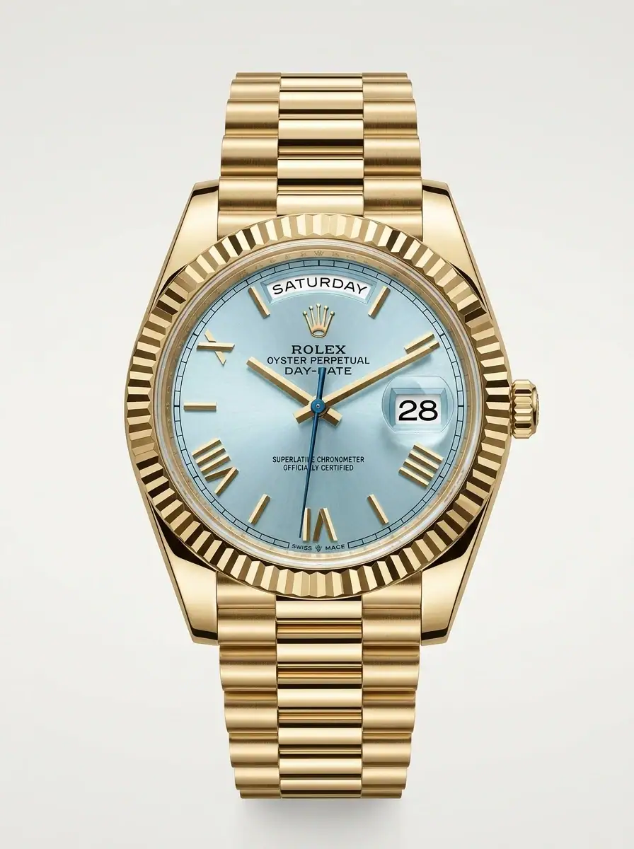Rolex Day-Date Ice Blue Gold Watch Luxury gold Rolex Day-Date watch with ice blue dial and day-date display.