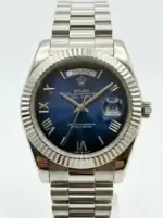 Rolex Day-Date watch with blue dial, Roman numerals, and stainless steel bracelet.