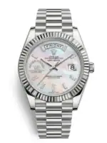 Rolex Day-Date watch with mother-of-pearl dial and diamond hour markers.