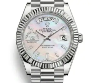Rolex Day-Date watch with mother-of-pearl dial and diamond hour markers.