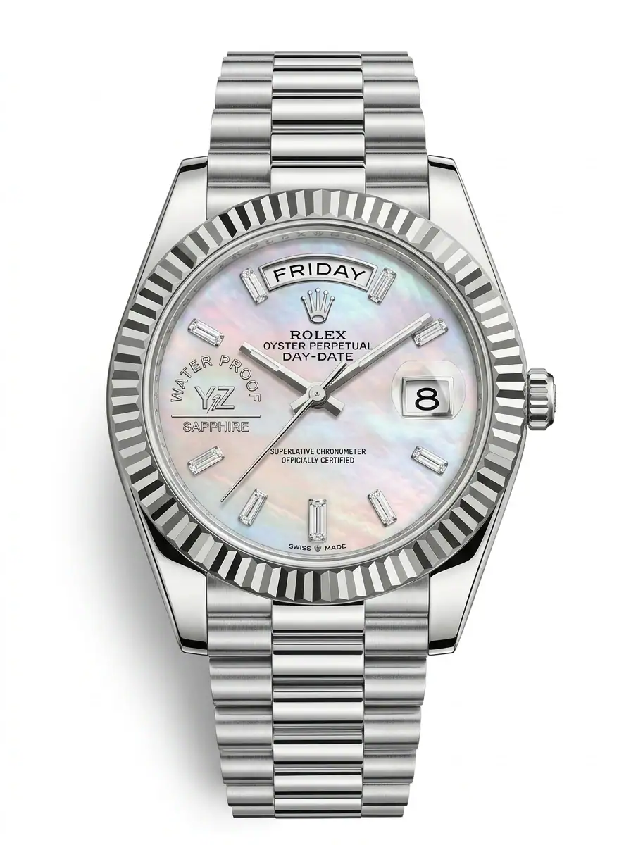 Rolex Day-Date Pearl Baguette Watch Rolex Day-Date watch with mother-of-pearl dial and diamond hour markers.