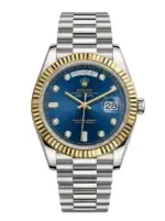 Luxury Rolex watch with blue dial, diamond hour markers, and two-tone gold and silver design.