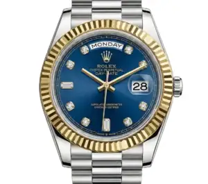 Luxury Rolex watch with blue dial, diamond hour markers, and two-tone gold and silver design.