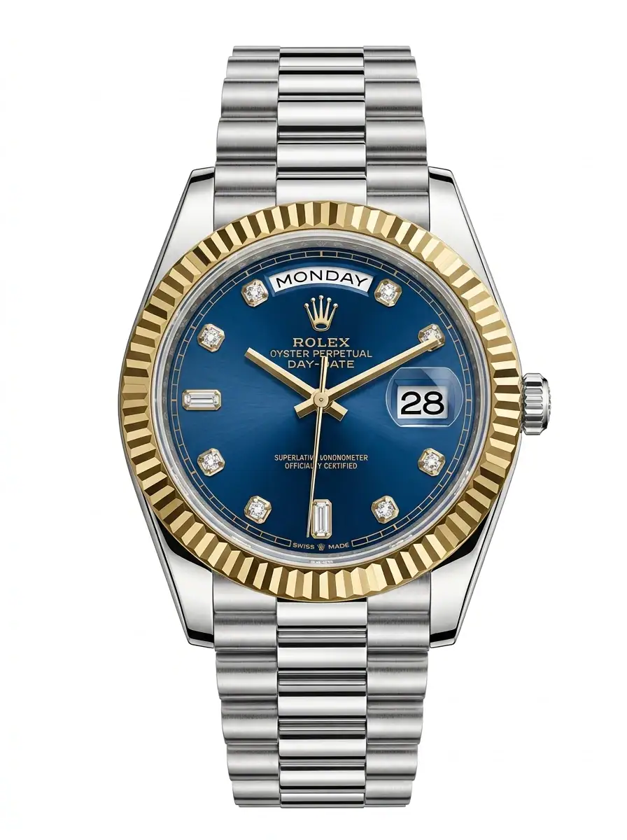 Rolex Day-Date Two-Tone Blue Diamond Watch Luxury Rolex watch with blue dial, diamond hour markers, and two-tone gold and silver design.