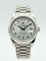 Rolex Day-Date watch with Arabic numerals and steel bracelet.