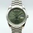 Rolex Day-Date watch with green dial and Arabic numerals in steel.