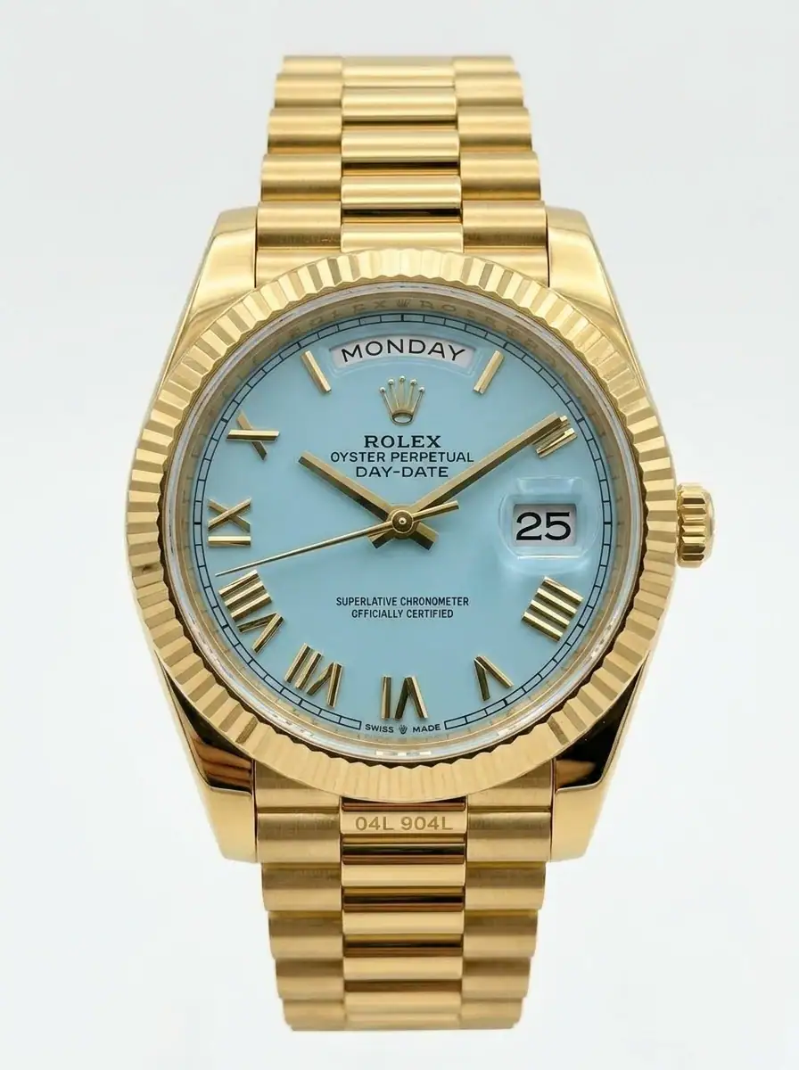 Rolex Day-Date Turquoise Gold Watch Rolex Day-Date watch with turquoise dial and gold bracelet, day and date display.