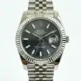 Rolex Datejust with rhodium dial, silver bracelet, and date display.