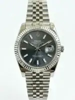 Rolex Datejust with rhodium dial, silver bracelet, and date display.
