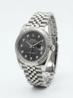 Rolex Datejust Rhodium Diamond Steel Watch with fluted bezel and Jubilee bracelet.