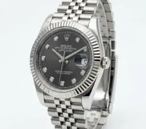 Rolex Datejust Rhodium Diamond Steel Watch with fluted bezel and Jubilee bracelet.