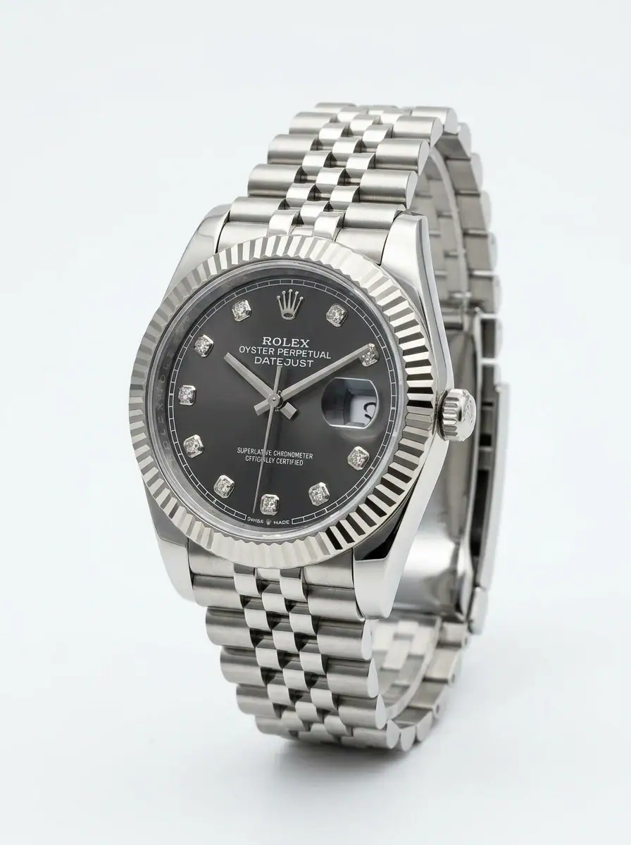 Rolex Datejust Rhodium Diamond Watch Rolex Datejust Rhodium Diamond Steel Watch with fluted bezel and Jubilee bracelet.