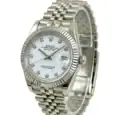Rolex Datejust with white dial, diamond hour markers, and stainless steel bracelet.