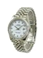 Rolex Datejust with white dial, diamond hour markers, and stainless steel bracelet.