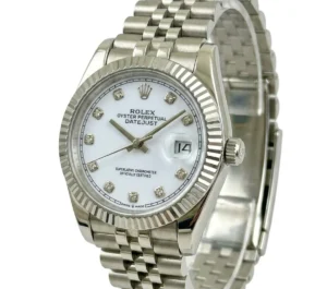 Rolex Datejust with white dial, diamond hour markers, and stainless steel bracelet.