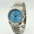 Rolex Datejust with ice blue dial and diamond hour markers.