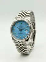 Rolex Datejust with ice blue dial and diamond hour markers.