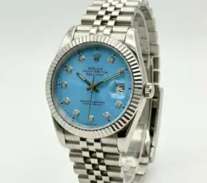 Rolex Datejust with ice blue dial and diamond hour markers.