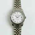 Rolex Datejust watch with white dial, Roman numerals, and stainless steel bracelet.