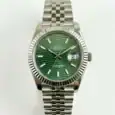 Rolex Datejust with green dial, silver bracelet, and date display.