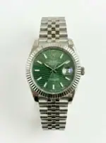 Rolex Datejust with green dial, silver bracelet, and date display.