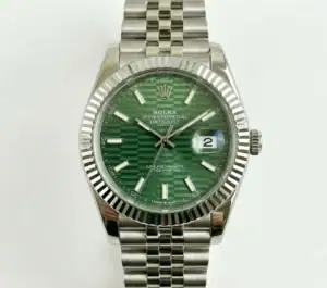 Rolex Datejust with green dial, silver bracelet, and date display.