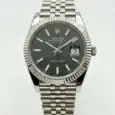 Rolex Datejust with black dial, silver bracelet, date display, fluted bezel.