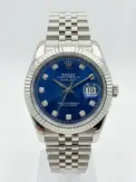 Rolex Datejust with blue dial, diamond hour markers, and stainless steel bracelet.