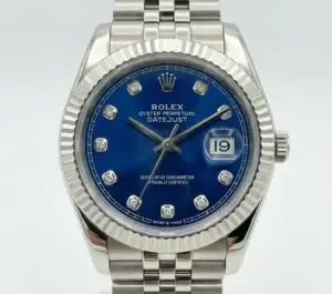 Rolex Datejust with blue dial, diamond hour markers, and stainless steel bracelet.
