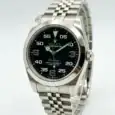 Rolex Air-King watch with black dial and stainless steel bracelet.