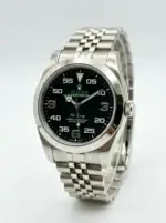Rolex Air-King watch with black dial and stainless steel bracelet.