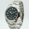Rolex Air-King watch with black dial and stainless steel band.