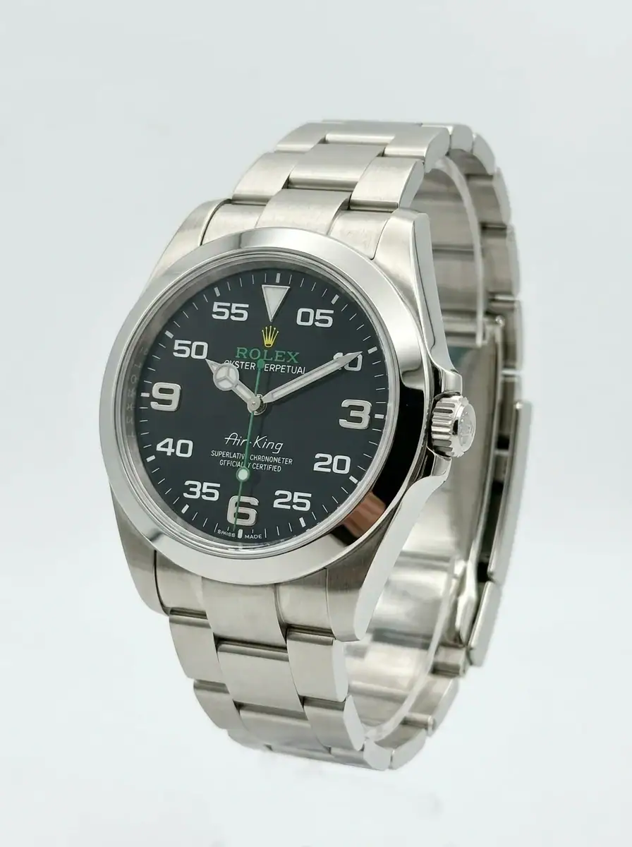 Rolex Air-King Black Dial Watch Rolex Air-King watch with black dial and stainless steel band.