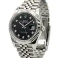 Rolex Datejust with black dial, diamond hour markers, and stainless steel bracelet.