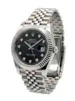 Rolex Datejust with black dial, diamond hour markers, and stainless steel bracelet.
